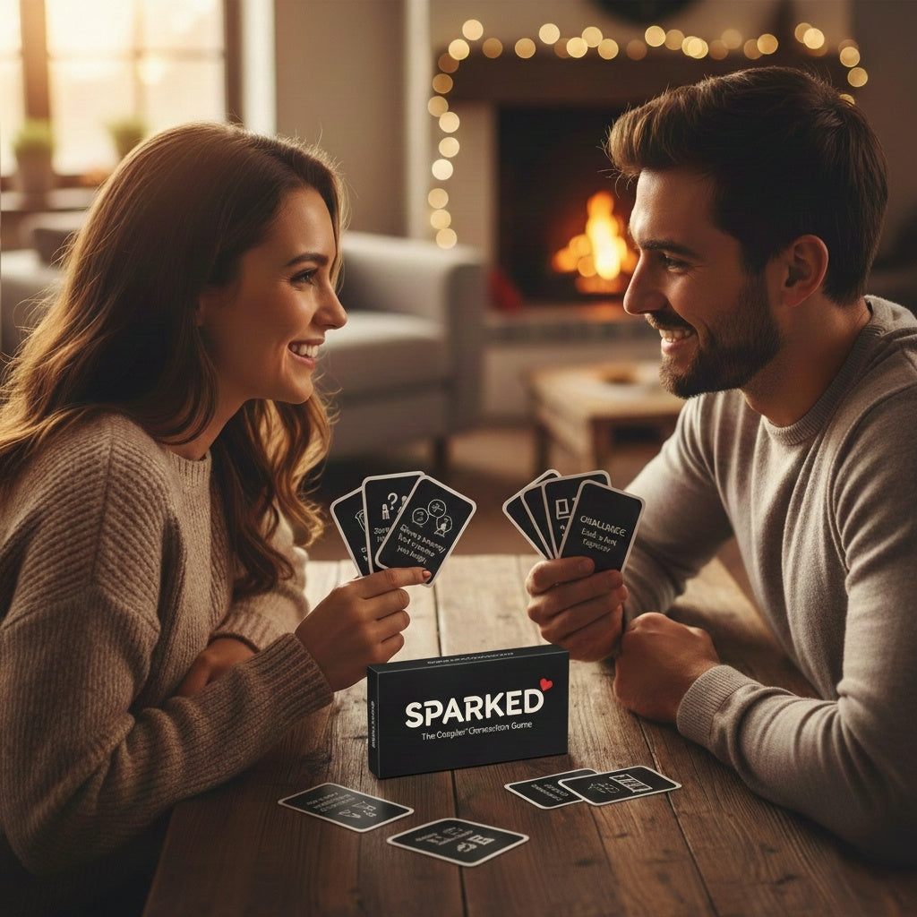 A couple enjoying the SPARKED card game together, laughing and sharing a fun experience.